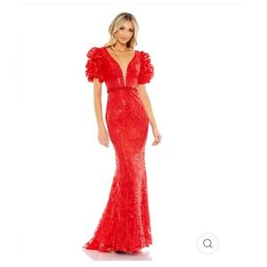 MAC DUGGAL,STYLE 12421, EMBELLISHED PUFF SLEEVE PLUNGE NECK TRUMPET GOWN Sz 4